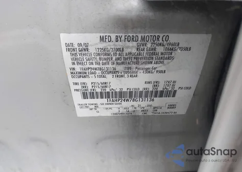 2008 Ford Taurus Sel z USA, uszkodzony, nr VIN 1FAHP24W78G131136